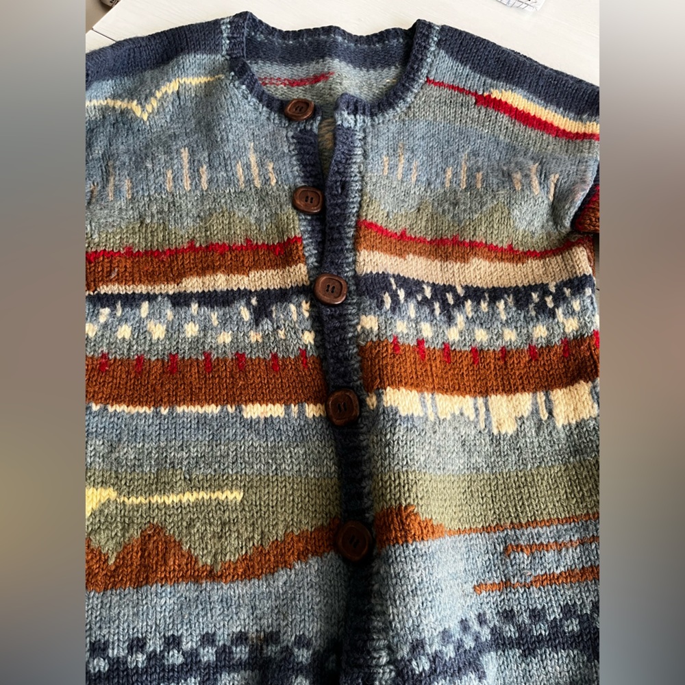 Vintage Wool hand knit landscape Colorful Knit Cardigan with Button Closure - Picture 11 of 14